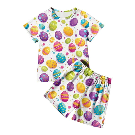 Gyexs Toddler Boys Easter 2 Piece Outfit with Bunny and Egg Printed Shirt and Shorts for Easter Parties Egg and Spring Adventures for Boys Orange 3-4 Years