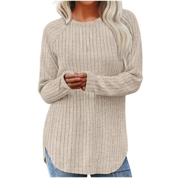 Gyexs Tunic Sweaters for Women Casual Long Sleeve Shirts Loose Fit Crewneck Pullover Tops Plus Size Fall Clothes Women's Fashion #02 Beige, Size S