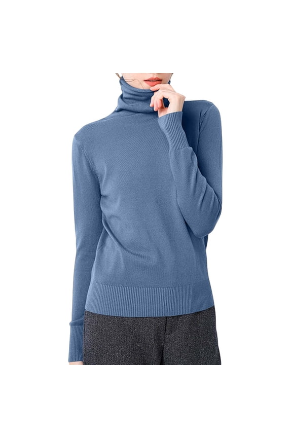 Turtleneck Sweater for Women Fall Winter Long Sleeve Casual Soft Knitted Tops Work Trendy Outfits A01 Blue & Size XL