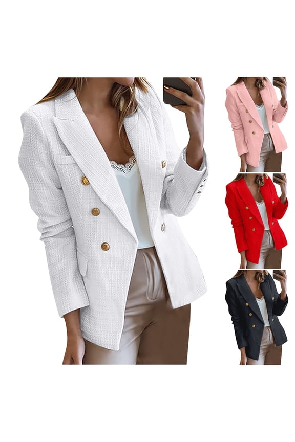 Tweed Blazers for Women Plus Size Casual Long Sleeve Double Open Front Blazer Jackets Work Tops, White, Size S