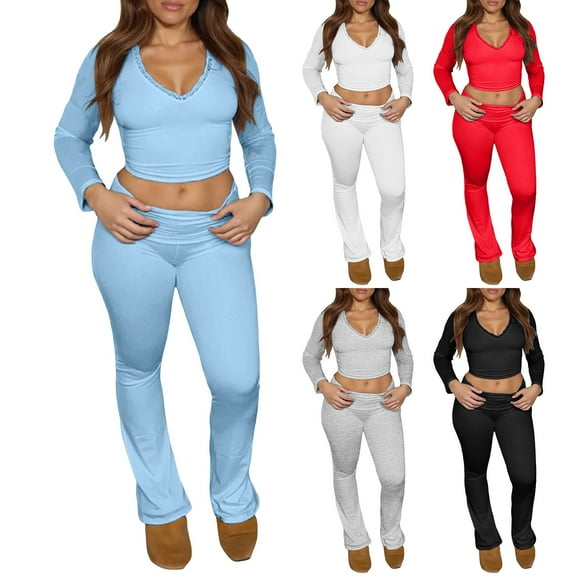 Gyexs Two Piece Lounge Sets for Women Plus Size Summer Casual Long Sleeve Outfits Solid Color V Neck Lace Trim Pajama Set (Black, S)