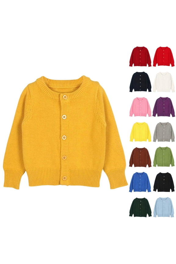 Uniform Sweater for Girls Casual Round Neck Button Down Cardigans Back to School Clothes 1-9Y (Yellow2, 6-7 Years)