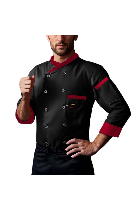Unisex Double-Breasted Chef Coat Men Back Full Mesh Lightweight Chef Jacket Color Stitching Chef Uniform for Kitchen Black, Size XL