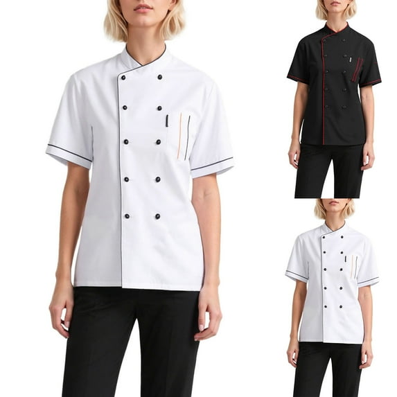 Gyexs Unisex Short Sleeve Chef Coat Jacket Women Casual Cover Up Button Down Tops Solid Color Work Wear (Black, Size XL)