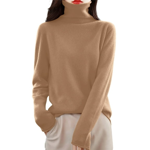 Gyexs V Neck Sweaters for Women Soft Turtleneck Long Sleeve Wool Sweater Warm Soft Wool Seamless Pullover Womens Winter Clothes, Coffee, Size L