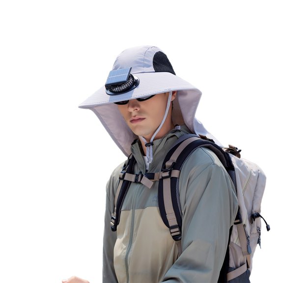 Gyexs Wide Brim Solar Fan Hat Outdoor Fishing 2025 Sun Bucket Hat for Men Women UPF 50+ Bucket Beach Hats with 2 Solar Fan #Light Gray