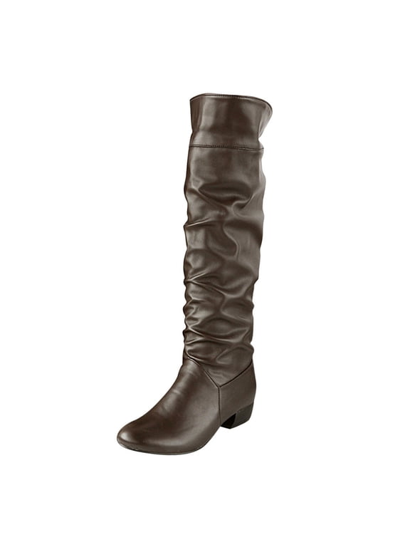 Wide Width Boots for Women Leather Knee High Flat Slouch Boots Mid Calf Round Toe Booties Winter Dressy Shoes Brown & Size 5.5