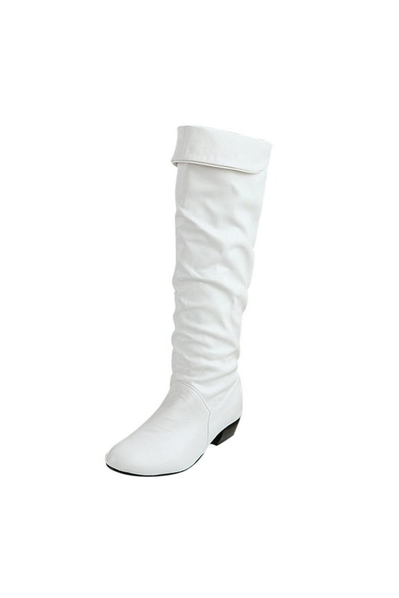 Wide Width Boots for Women Faux Leather Knee High Flat Slouch Boots Mid Calf Round Toe Booties Winter Dressy Shoes White & Size 7