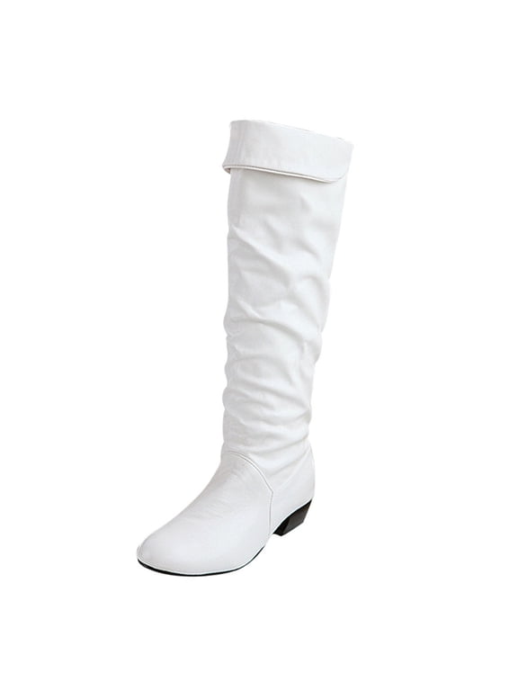 Wide Width Boots for Women Leather Knee High Flat Slouch Boots Mid Calf Round Toe Booties Winter Dressy Shoes White & Size 9