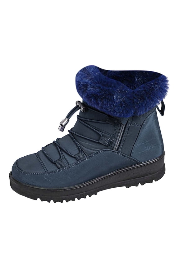 Winter Boots for Women Snow: Furry Lined Warm Ankle Boots - Adjustable Waterproof Outdoor Zipper Snow Shoes, Navy, Size 7