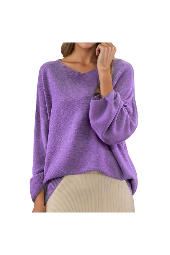 Winter Sweaters for Women Casual Classic Soft Loose Fit Basic Pullover Solid Lightweight Knit Pullover Tops Women's Fashion, Purple, Size XL