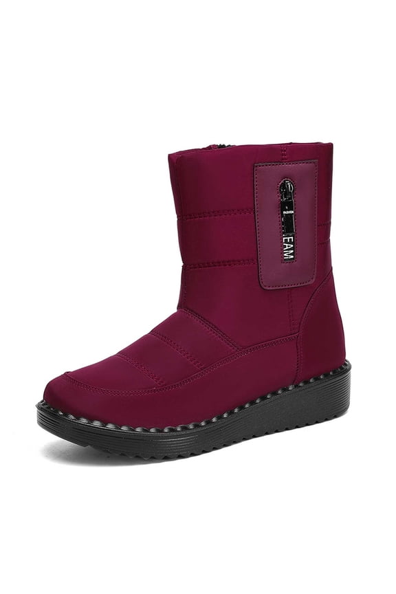 Winter Warm Snow Boots for Womens Waterproof Winter Shoes Retro Round Toe Zipper Closure on Outdoor Mid Calf Boot, Red, Size 8