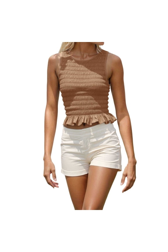 Women Shirred Tank Top Ruffle Sleeveless Tanks Frill Smocked Halter Camisole Tops Summer Trendy Streetwear (Khaki, S)