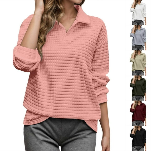 Gyexs Women Tops Quarter Zip Fall Winter Tunics Casual Oversized Pullover Ribbed Quilted V Neck Collared Outfits, Grey, Size S