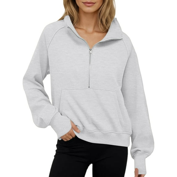 Gyexs Women Tops Quarter Zip Fall Winter Tunics Casual Oversized Pullover Ribbed Quilted V Neck Collared Outfits with Pockets Z01 White & Size XL