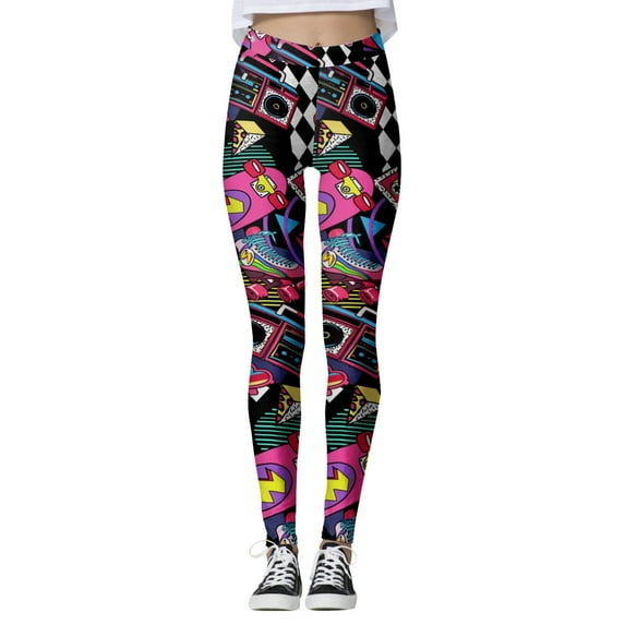 Gyexs Women's 80s Leggings Neon Printed Soft Stretchy Pants Running Workout Leggings Athletic Yoga Pants, Purple, Size S