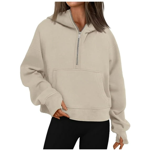 Gyexs Women's Drawstring Zip Up Cute Hoodies Long Sleeve Loose Fit Pullover Sweaters Loose Fitting Tops Fall Outfits with Pockets, Beige, Size XL