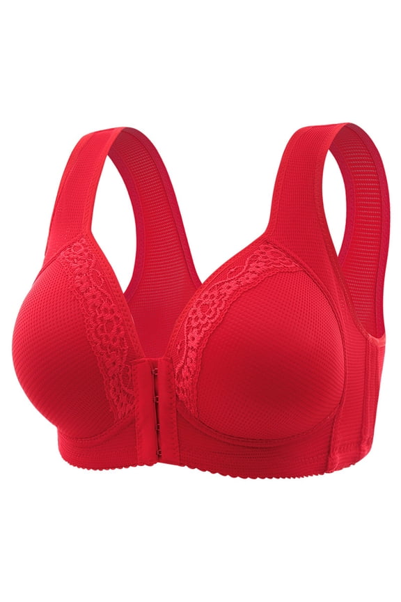 Women's Front Button Closure Lace Bra Supportive Comfort Wireless Bralette For Everyday Wear, Red, Size 36
