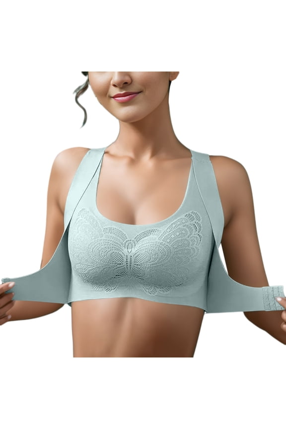 Women's Front Closure Yoga Bra Lace Trim Seamless Comfort Wireless Support Adjustable Strap Sleepwear Activewear, Green, Size M