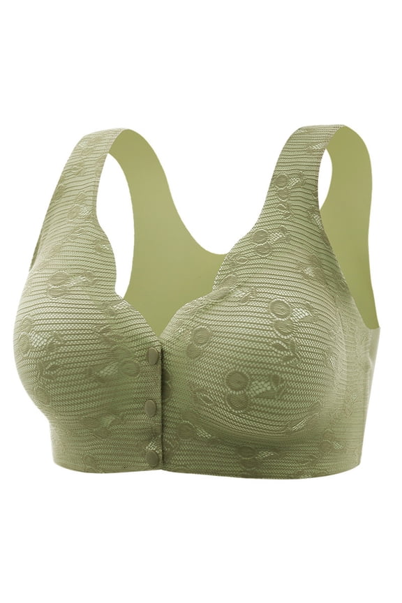 Women's Front Closure Yoga Bra with Adjustable Side Buckles Lace Trim Seamless Comfort for Sleep Movement, Green, Size L