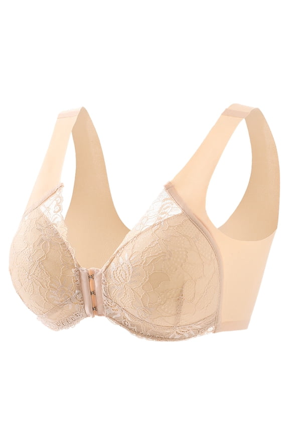 Women's Front Closure Yoga Bra with Adjustable Side Buckles Lace Trim Seamless Comfort for Sleep Movement and Support, Beige, Size XXL