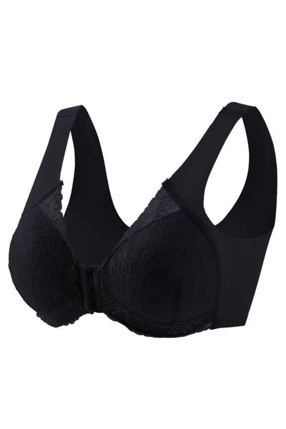 Women's Front Closure Yoga Bra with Adjustable Side Buckles Lace Trim Seamless Comfort for Sleep Movement and Support, Black, Size XL