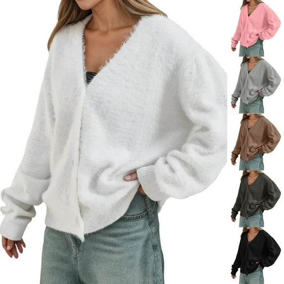 Gyexs Women's Furry Cropped Cardigan Batwing Sleeves Open Front V-Neck Button Down Loose Casual Knit Sweater Coat (Khaki, Size S)