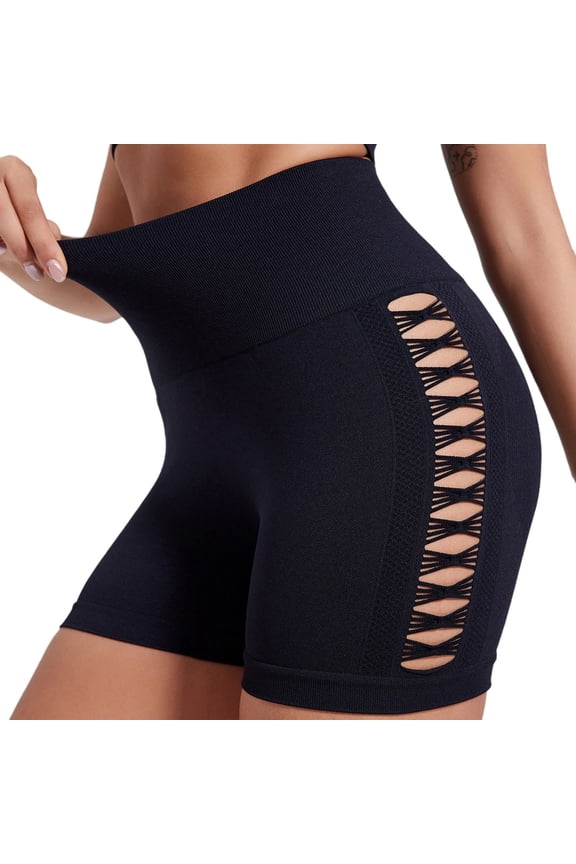 Women's High Waist Cut Out Yoga Shorts, Seamless Workout Biker Shorts with Side Detail Black, Size S