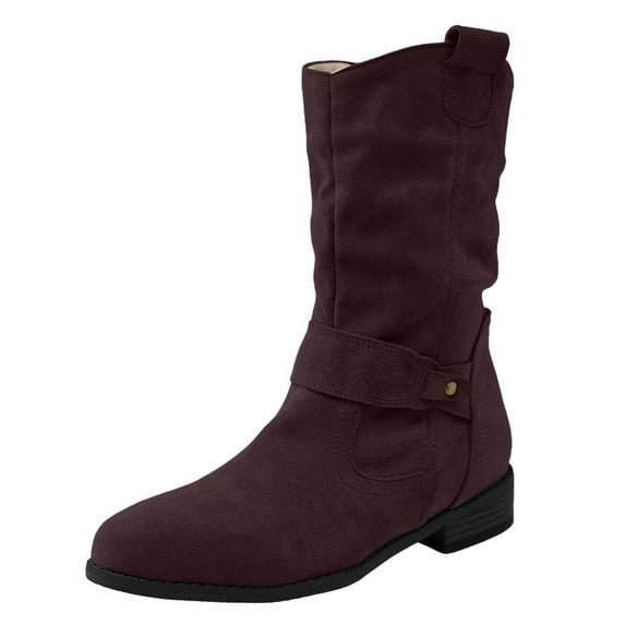 Gyexs Women's Mid Calf Boots Fashion Slouchy Ruched Suede Round Toe Slip On Ankle Booties Casual Winter Boots Brown Size 9.5