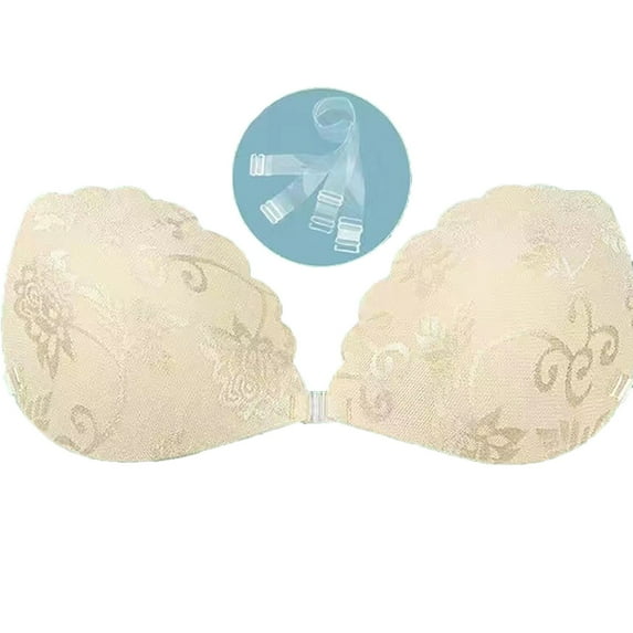 Gyexs Women's Push Up Strapless Backless Lace Bra Reusable Nipple Covers For Dresses Jelly Bras for Women, Beige, Size D