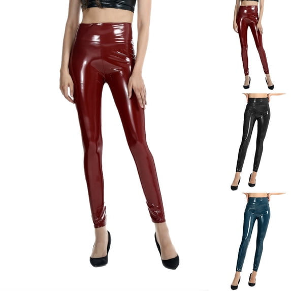 Gyexs Women's Shiny High Waist Yoga Pants, Stretchable Leather Leggings for Workout, Fitness, and Activewear (, Size XL)