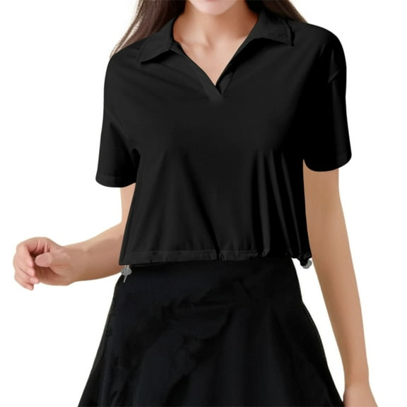 Gyexs Women's Short Sleeve V-Neck Polo Shirts Collared Lightweight Trendy Loose Fit T Shirt Casual Summer Cropped Tennis Golf Tops Black L