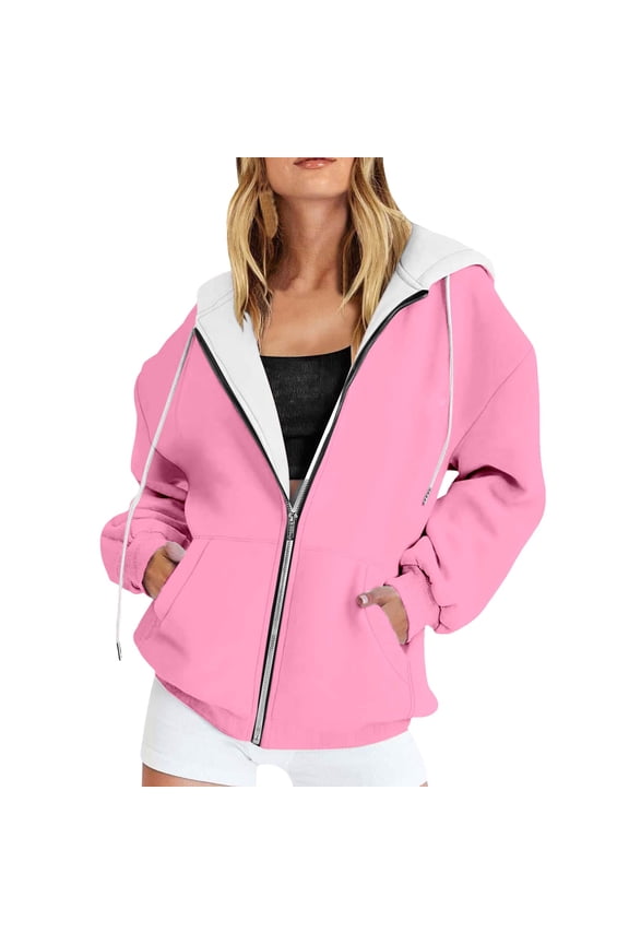 Women's Zip Up Hoodies Long Sleeve Regular Fit Sweatshirt Fall Spring Track Jackets with Pockets, Light Pink Size S