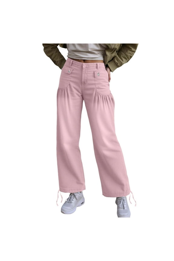 Womens Baggy Wide Leg Jeans Mid Rise Vintage Flare Barrel Jeans Ruffle Pleated Denim Pants with Drawstring Pink