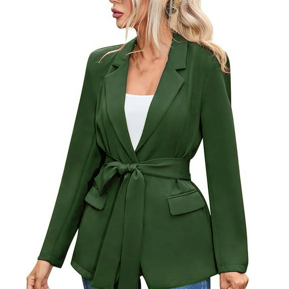 Gyexs Womens Blazers Work Casual Dress Jackets Long Sleeve Light Weight Trench Coat Loose Fit Outerwear with Belts, Green, Size M