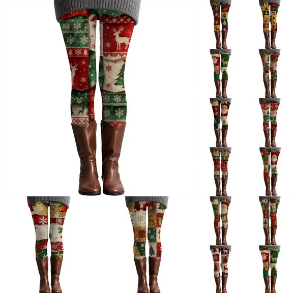 Gyexs Womens Christmas Leggings Funny Santa Reindeer Lined Tights Soft Cozy Pajamas Pants Women's Fashion #01 Red & Size S