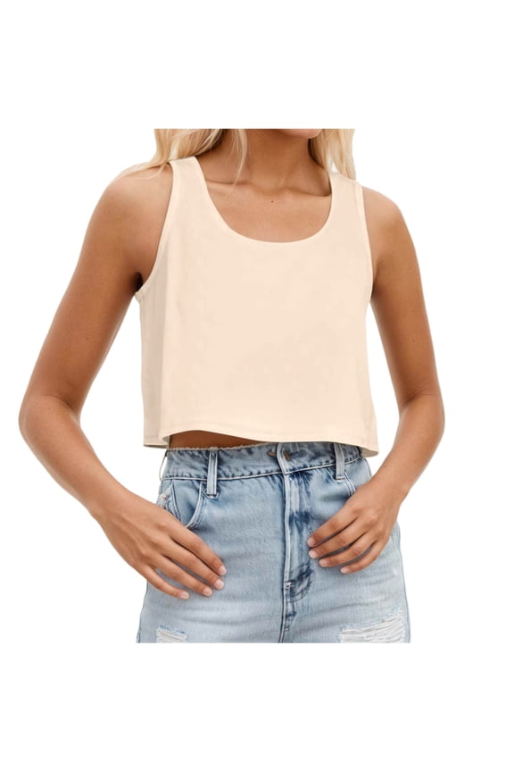 Womens Country Concert Tank Tops Solid Color Crop Top Summer Outfits for Teens Girl (Beige, M)