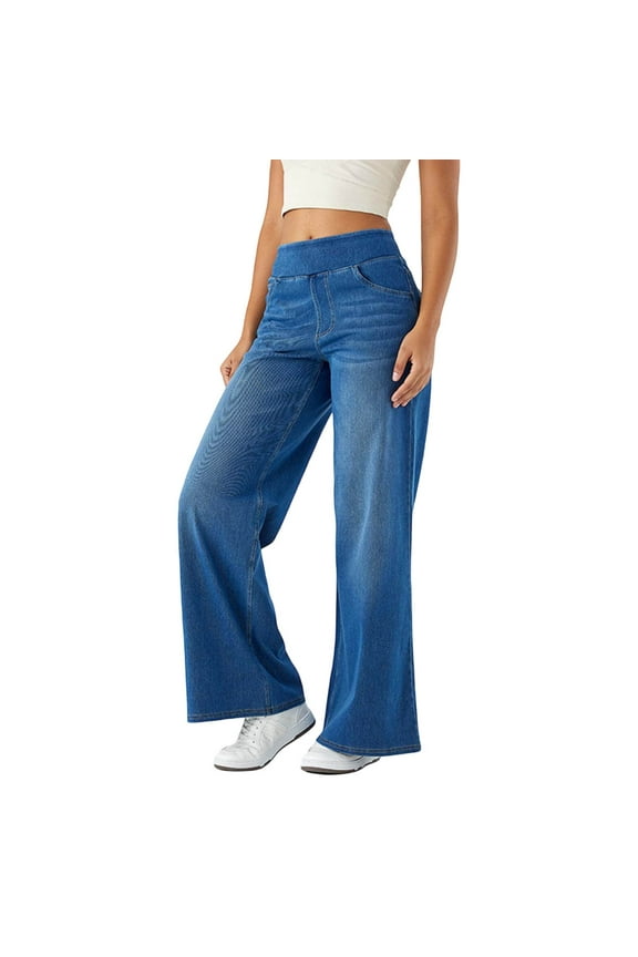 Womens Jeans High Waist Straight Cut Jeans Fashion Baggy Legs Jeans Elastic Waist Wide Leg Pants Blue