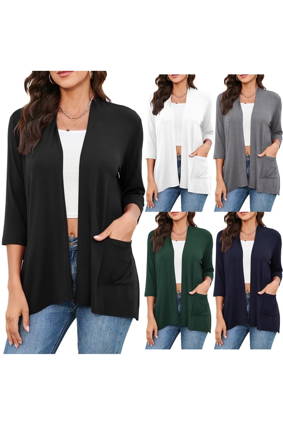 Womens Lightweight Open Front Cardigan Casual Loose Knit 3/4 Sleeves Fall Outerwear Fashion Tops, Z01 Navy, Size XXL
