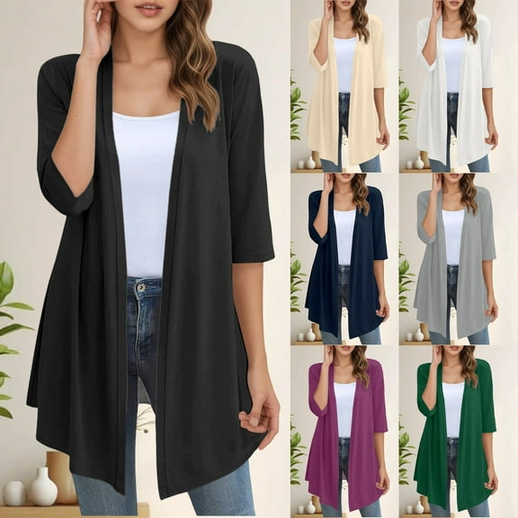 Gyexs Womens Lightweight Open Front Cardigan Casual Loose Knit 3/4 Sleeves Fall Outwear Fashion (Beige, Size XXL)