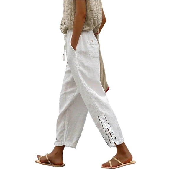 Gyexs Womens Linen Pants with Pockets High Waist Comfy White Gauze Pants Casua Lightweight Loose Trousers White