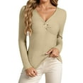 thumbnail image 1 of Gyexs Womens Long Sleeve V Neck Sweaters Ribbed Knit Slim Fit Lightweight Sweater Solid Basic Casual Pullover Tops A01 Beige & Size XXL, 1 of 5