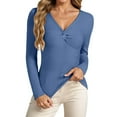 thumbnail image 1 of Gyexs Womens Long Sleeve V Neck Sweaters Ribbed Knit Slim Fit Lightweight Sweater Solid Basic Casual Pullover Tops A01 Blue & Size L, 1 of 5