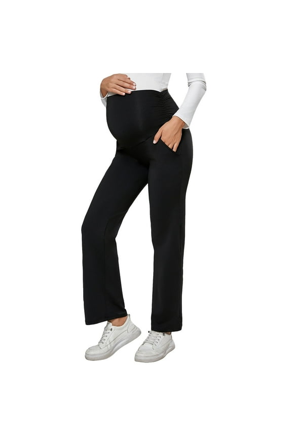 Womens Maternity Yoga Pants with Pockets Over The Belly Office Wear Dress Pants High Waist Stretchy Pregnancy Pants (Black, S)