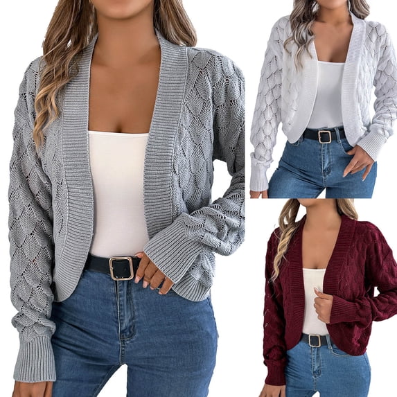 Gyexs Womens Plus Size Crochet Cardigan Sweater Long Sleeve Hollow Out Open Front Cardigans Outwear (Red, Size L)