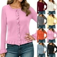 thumbnail image 1 of Gyexs Womens Ruffle Cardigan Sweaters Button Up Crew Neck Long Sleeve Cropped Sweater Cute Soft Knit Tops (Light Yellow, Size M), 1 of 7