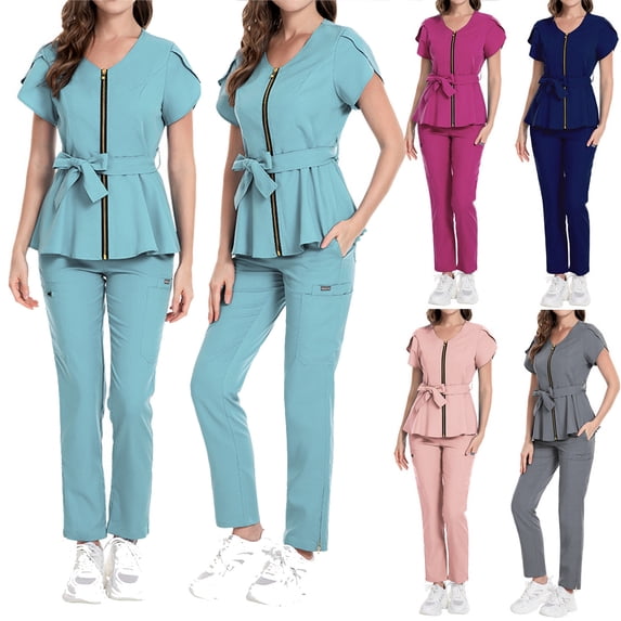 Gyexs Womens Scrubs Set Cute Scrub Top & Pants with Zipper Multiple Pockets, Antiwrinkle, Slim Fit Workwear Uniforms (Blue Size XL)