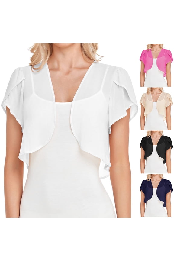 Womens Shrugs for Summer Dress Puff Short Sleeve Cropped Open Front Sheer Shawl Lightweight Chiffon Cardigans (White, Size L)