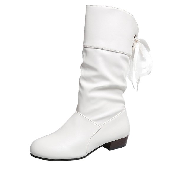 Gyexs Womens Slouchy Knee High Boots - Leather Round Toe Low Heel Booties Warm Waterproof Back Lace-Up Mid Calf Boots White & Size 5.5