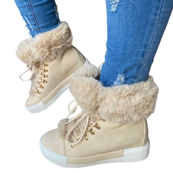 Gyexs Womens Snow Boots Ankle, Winter Shoes Women Work, Wide Calf, Slip-On, Cold Weather & Shearling, Wingtip Toe, Men's Fashion, Beige, Size 7